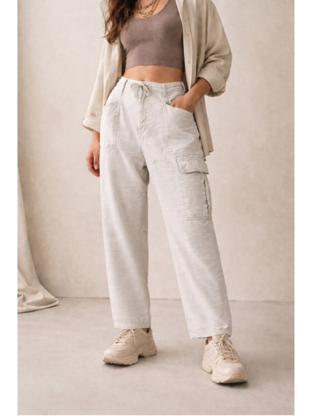 Free People Utility Cargo Pants Small Cream Barrel High Rise Straight Leg